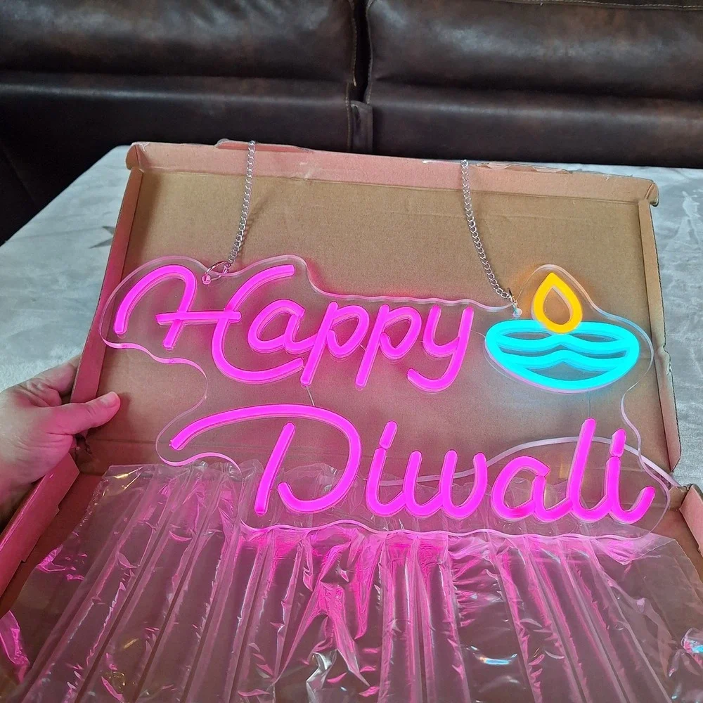 Happy Diwali Neon Sign LED Oil Lamp Festival of Light Wall Decor